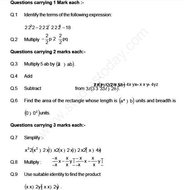 assignment on algebraic expressions for class 8